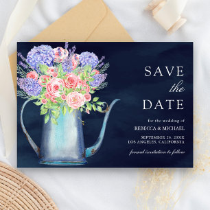 Reserva La Fecha Rosas rosadas sonrojadas Hortensia Boda azul marin