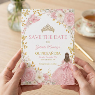 Reserva La Fecha Rosas rosadas sonrojadas Quinceañera dorada Save