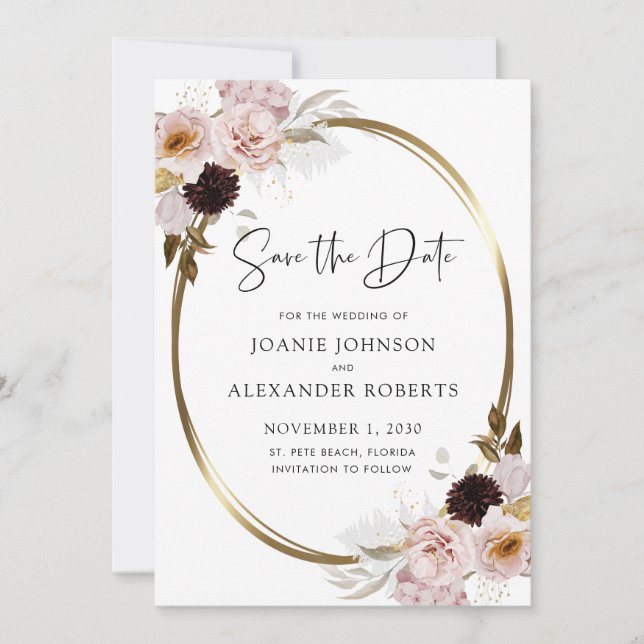 Reserva La Fecha Rosas rosadas sonrosadas metálico dorado para salv (Anverso)