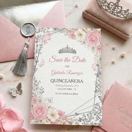 Reserva La Fecha Rosas rosadas sonrosadas Quinceañera dorada Save