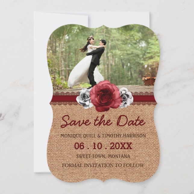 Reserva La Fecha Rosas rusos - Burlap Lace Wedding Save the Date (Anverso)