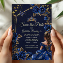 Rosas Tiara Dorada Azul Marino Quinceañera