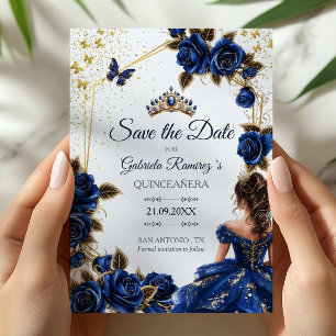 Reserva La Fecha Rosas Tiara Dorada Azul Marino Quinceañera