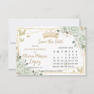 Reserva La Fecha Rosas Verde Salvia Floral Quinceañera Calendario d