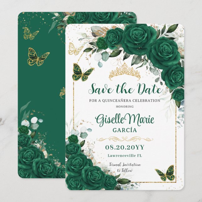 Reserva La Fecha Rosas verdes de esmeralda Floral Quinceañera Butte (Anverso / Reverso)