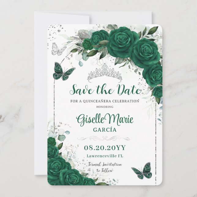 Reserva La Fecha Rosas verdes de esmeralda Floral Quinceañera Butte (Anverso)