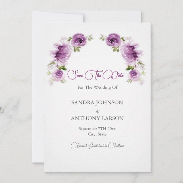 Reserva La Fecha Rosas y Peonías de Acuarela Fuchsia Save The Date (Anverso)