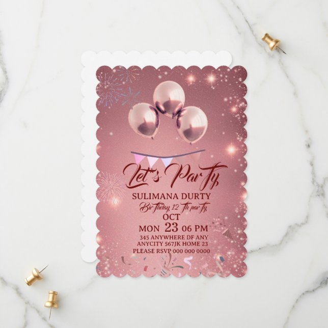 Reserva La Fecha Rose Gold Birthday Invitation Template: Let's Part (Anverso/Reverso In Situ)