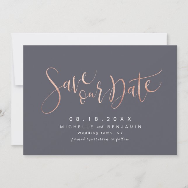 Reserva La Fecha Rose Gold Gris Moderno Simple Script Salva la Fech (Anverso)