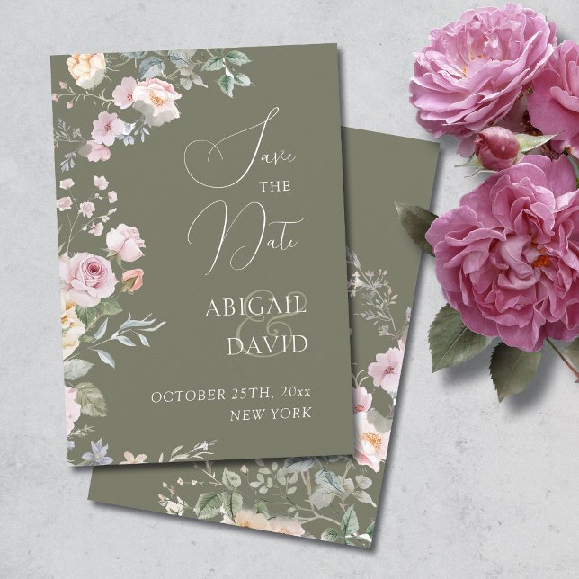 Reserva La Fecha Roses on Olive Green Wedding Save The Date (Subido por el creador)