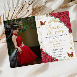 Reserva La Fecha Roses Rojas Mariposas de Oro Dieciséis Fotografía<br><div class="desc">Personaliza esta hermosa foto/foto de rosas rojas guardar la tarjeta de fecha fácil y rápidamente. Simplemente haga clic en el botón "Editar usando herramientas de diseño" para modificar el texto, la redacción, el estilo de fuente, el tamaño de fuente y el color de fuente. También puede agregar o quitar texto...</div>