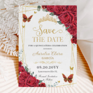 Reserva La Fecha Roses Rojas Mariposas de Oro Quinceanera Dulce 16