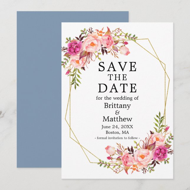 Reserva La Fecha Roses rosados color agua marco geográfico azul tur (Anverso / Reverso)