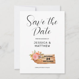 Reserva La Fecha Rótulo de flores y madera de otoño