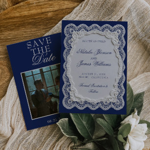Reserva La Fecha Royal Azul Encaje Doily Dinero Antiguo Foto Boda
