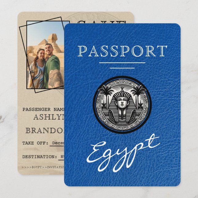Reserva La Fecha Royal Blue Egipto Pasaporte Boda Save the Date (Anverso / Reverso)