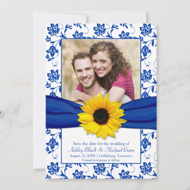 Reserva La Fecha Royal Blue Floral Damask Sunflower Guardar la fech (Anverso)