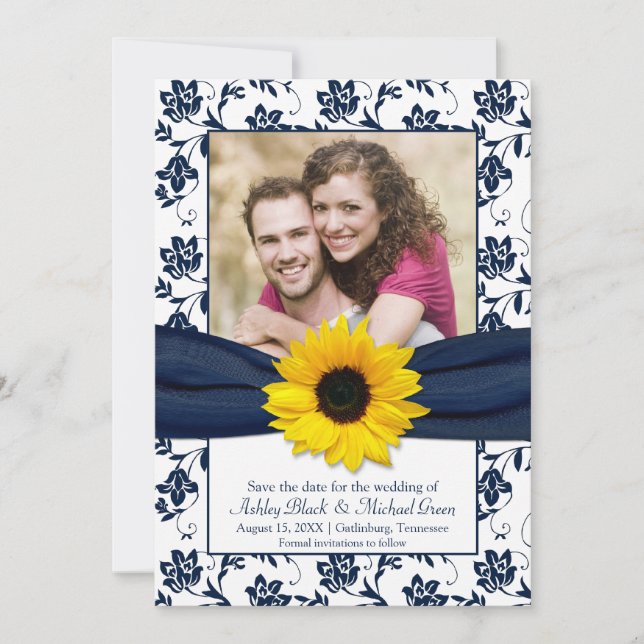 Reserva La Fecha Royal Blue Floral Damask Sunflower Guardar la fech (Anverso)