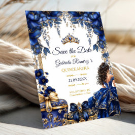 Reserva La Fecha Royal Blue Golden Tiara Floral Quinceañera