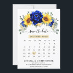 Reserva La Fecha Royal Blue Rustic Sunflower Calendario moderno flo<br><div class="desc">Elegante y moderno calendario rústico de bodas de campo salvo la carta de fecha cuenta con girasol amarillo brillante, peonías azules reales , aliento de bebé, marco floral gypsophila / corona con hojas de eucalipto. Encontrará más diseños y variaciones de mi tienda "blissweddingpaperie". Y no dudes en ponerte en contacto...</div>