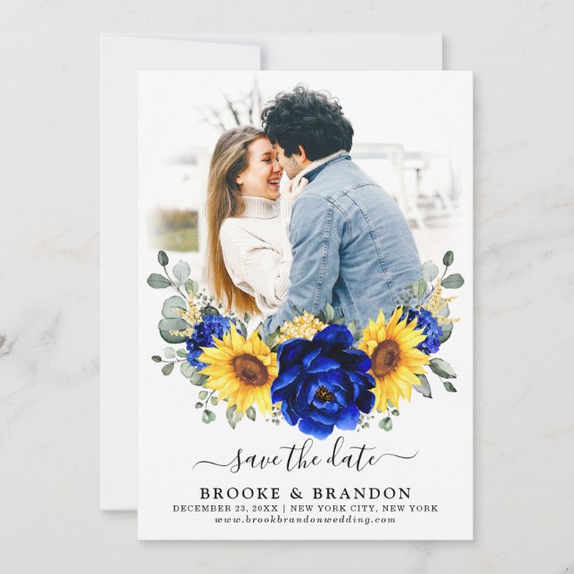 Reserva La Fecha Royal Blue Rustic Sunflower Moderno Boda Floral (Anverso)