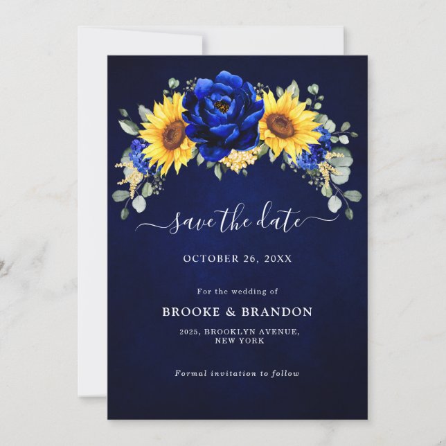 Reserva La Fecha Royal Blue Rustic Sunflower Moderno Boda Floral (Anverso)
