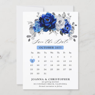 Reserva La Fecha Royal Blue White Silver Calendario metálico floral