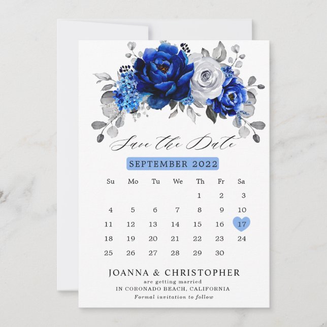 Reserva La Fecha Royal Blue White Silver Calendario metálico floral (Anverso)