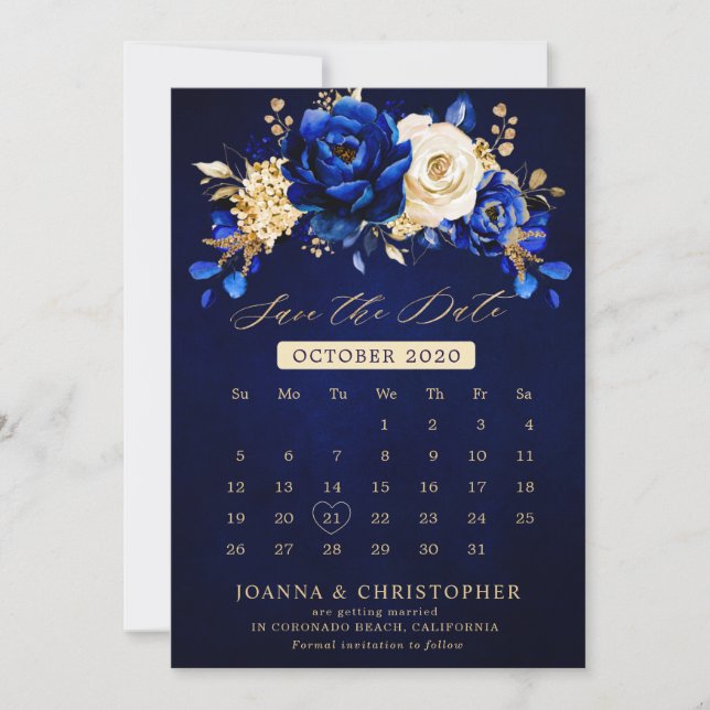 Reserva La Fecha Royal Blue Yellow Gold Metallal Floral Calendario  (Anverso)