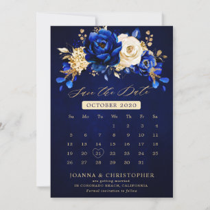 Reserva La Fecha Royal Blue Yellow Gold Metallal Floral Calendario 