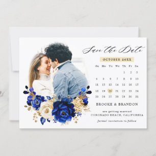 Reserva La Fecha Royal Blue Yellow Gold Metallic Floral Calendar