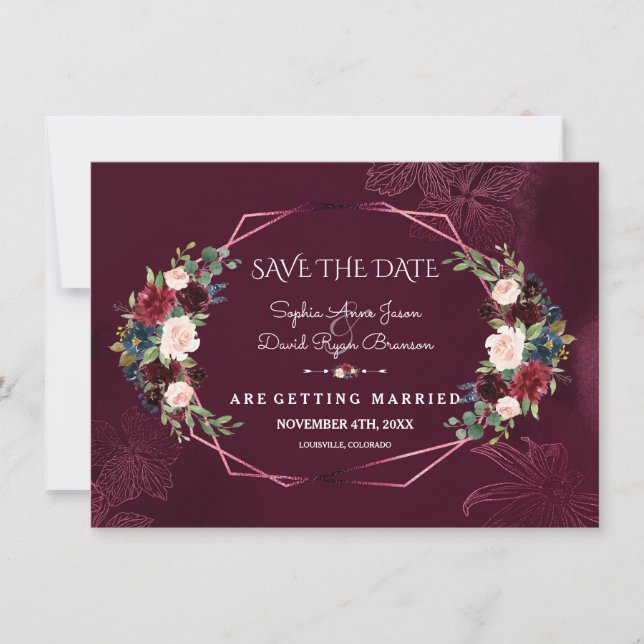 Reserva La Fecha Royal Burgundy Floral Geometric Save The Date (Anverso)