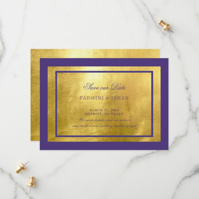 Reserva La Fecha Royal Purple & Gold Wedding Salva la fecha (Anverso/Reverso In Situ)
