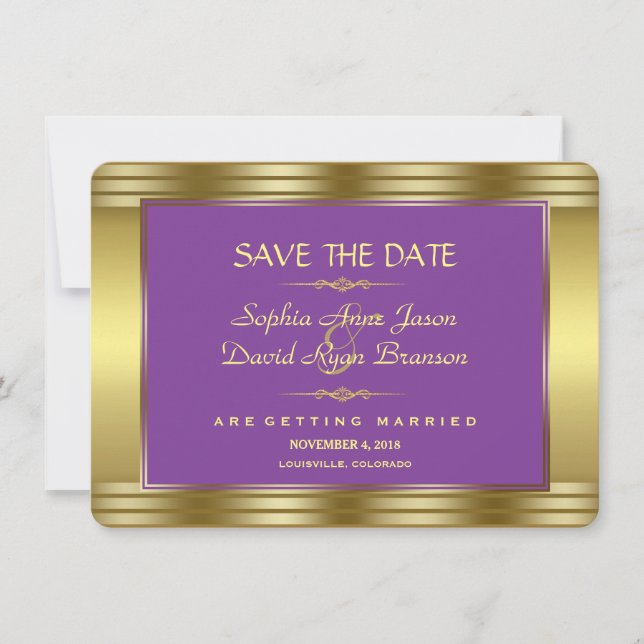 Reserva La Fecha Royal Purple y Gold Wedding Salven la fecha (Anverso)
