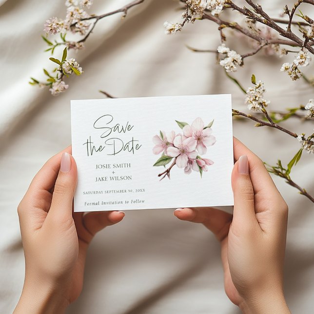 Reserva La Fecha Rubor Apple Blossom Save the Date (Pretty save the date vertical card with pink cherry blossom watercolor style illustration with green)