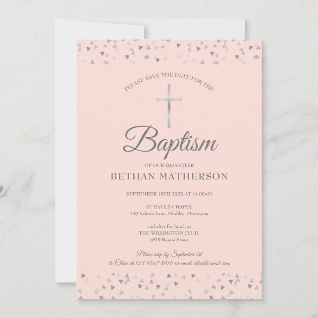 Reserva La Fecha Rubor Bautismo Rosa Christening Silver Hearts (Anverso)