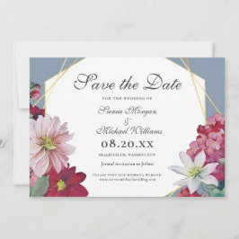Reserva La Fecha Rubor Burdeos Floral Oro Azul Polvoriento Boda