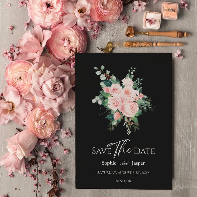 Reserva La Fecha Rubor Floral Black Wedding Save the Date Card (Subido por el creador)