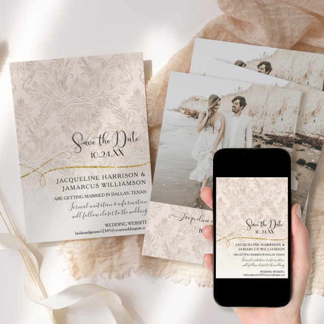 Reserva La Fecha Rubor Gold Scroll Damask Fotografía comprometida (Subido por el creador)