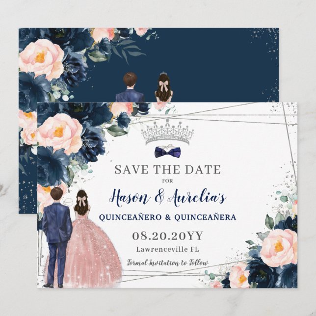 Reserva La Fecha Rubor Navy Blue Floral Twins Boy Chica Quinceañera (Anverso / Reverso)