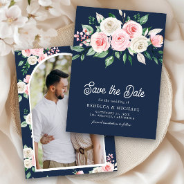 Reserva La Fecha Rubor Rosa Floral Azul Marino Foto Boda