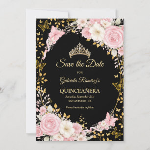 Reserva La Fecha Rubor Rosa Negro y Dorado Mariposa Quinceañera