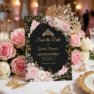 Reserva La Fecha Rubor Rosa Negro y Dorado Mariposa Quinceañera