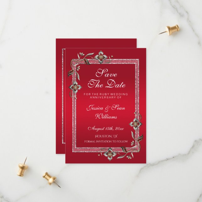 Reserva La Fecha Ruby Red Gems y Purpurina Ruby 40TH Boda (Anverso/Reverso In Situ)