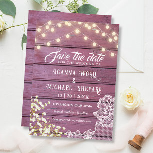 Reserva La Fecha Rusn Barn Purple Wood String Luces & Lace