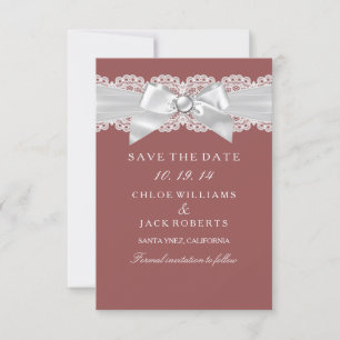 Reserva La Fecha Rust Brown Damask & Pearl Bow Save The Date