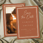 Reserva La Fecha Rust Terracotta Minimalist Frame Wedding Photo<br><div class="desc">Celebrate your love with this minimalist rust terracotta wedding photo save the date card design. It's perfect for a rustic autumn ceremony. This earthy,  modern look offers a warm and sophisticated feel for your autumn hue wedding. Created by Simply Farmhouse Press.</div>
