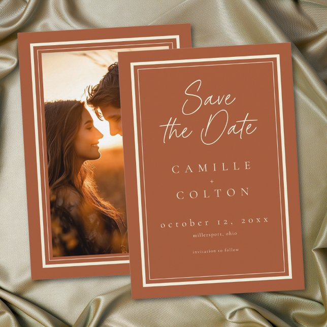 Reserva La Fecha Rust Terracotta Minimalist Frame Wedding Photo (Rust Terracotta Minimalist Frame Wedding Photo Save The Date)