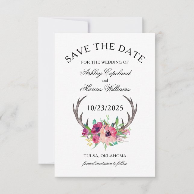Reserva La Fecha Rustic Antlers Boho Floral Photo Save the Date (Anverso)