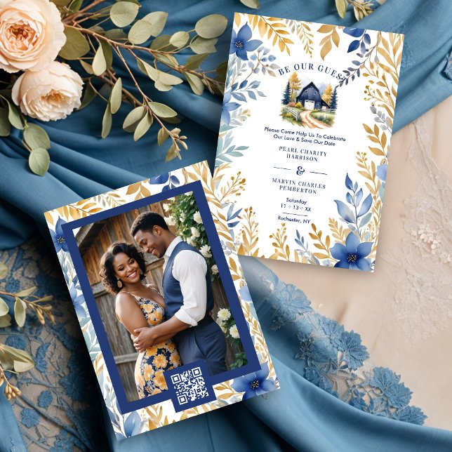 Reserva La Fecha Rustic Barn Botanical Blue Leaves & Branches Frame (Exquisite Rustic Barn Classic Farmhouse Style Wedding Save the Date Cards.)